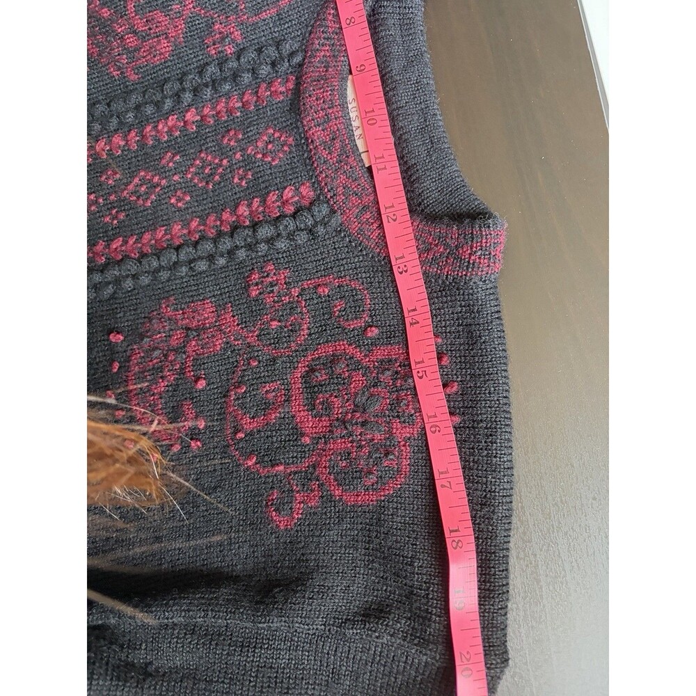 Vintage NOS Susan Bristol Wool Sweater 38 Hand Embroidered Folk 90s Black Red - Picture 9 of 12